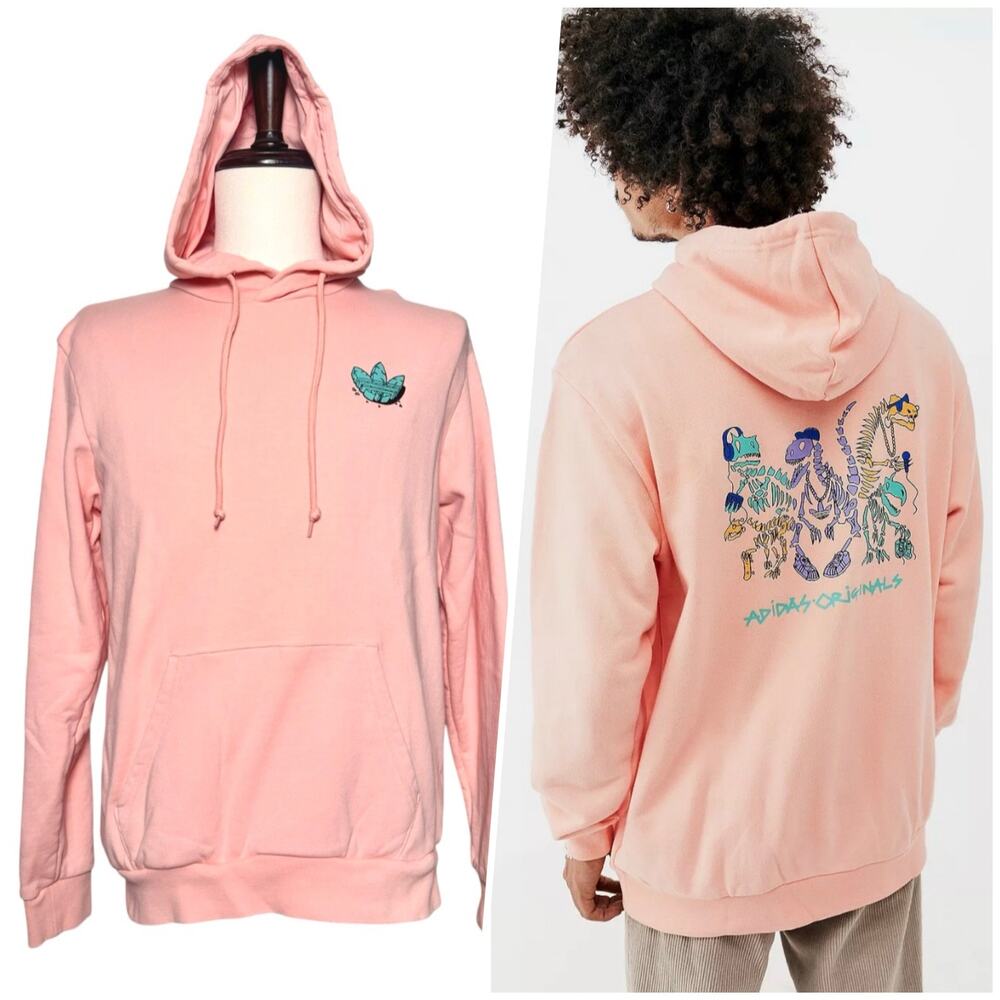 adidas | Unisex | Pink Peach Funny Dino Pack Trefoil Graphic Hoodie | Size Small